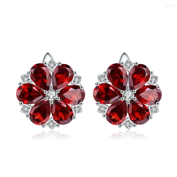 Orecchini a bottone Gem's Ballet Pietra preziosa naturale di granato rosso per le donne Matrimonio Puro argento sterling 925 Fiori vintage fini