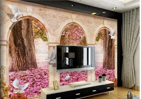 Duvar Kağıtları Duvar Kağıdı 3d Mural Kiraz Blossom Avenue Kemerler Güvercinler Oturma Odası TV Zemin Yatak Odası Po