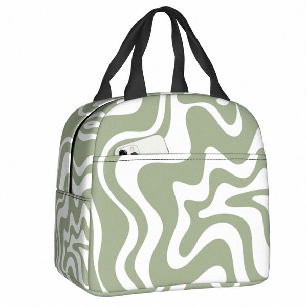 Liquid Swirl Abstraktes Muster in Salbeigrün, isolierte Lunchtasche, geometrische Kunst, Kühler, Thermo-Bento-Box für Frauen und Kinder, Lebensmitteltaschen