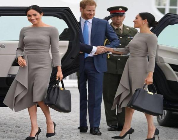 2021 Meghan Markle Lunghezza tè Abiti per la madre della sposa Semplici maniche lunghe in raso Una linea madre Festa di ballo Abito da sera1563988