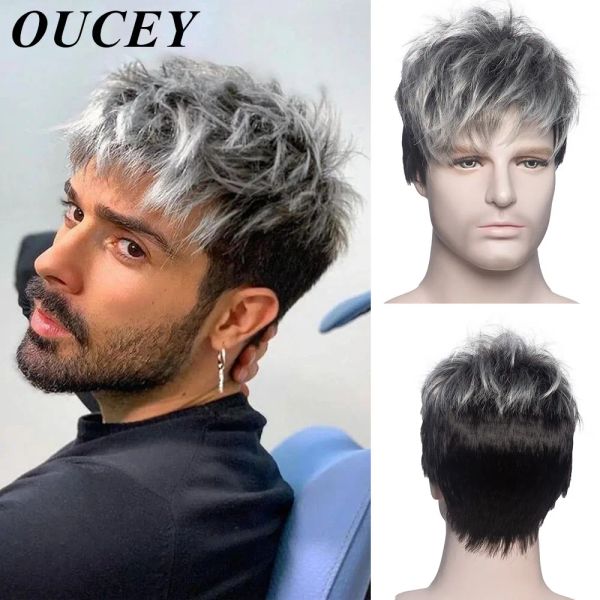 Parrucche OUCEY Parrucche corte per uomo Parrucca cosplay quotidiana da uomo Parrucca sintetica per capelli lisci Parrucca da uomo Grigia Nera Parrucca Pixie Cut con frangia