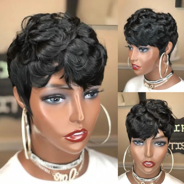 Wigs Wigera Sintetico Evidenziano a buon mercato a buon mercato Ombre Black Short Short Drivery Tach Hair Wig Wig With Curly Bangs Hair for Women