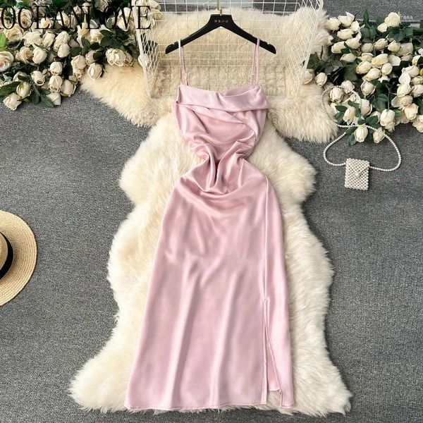 Casual Kleider OCEANLOVE Satin Vestidos Mujer Solide Frühling Sommer Koreanische Mode A-line Frauen Elegante Vintage Sexy Abendkleid