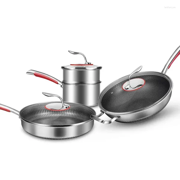 Set di pentole In Acciaio Inox 316 Padella Wok Per Uso Domestico Addensato Doppio A Nido D'ape Pentola Antiaderente Pentole Per Il Latte E Set