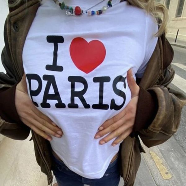 I Love Paris Stampa Casual Ragazza Ombelico esposto Allmatch Baby Tee Estate Y2k Grunge Harajuku Goth Crop Top Tshirt Streetwear 240318
