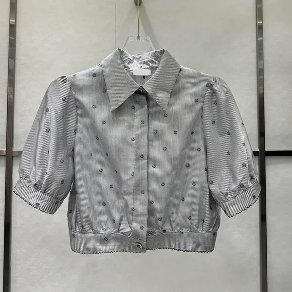Элитный бренд, женские элегантные однобортные топы с короткими рукавами в полоску, лето 2024, женская повседневная блузка