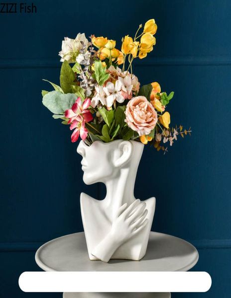 Vaso de cerâmica clássico preto e branco, cabeça humana, abstrato, meio corpo, vaso de flores, arranjo de flores, rosto humano, decoração, home2796926