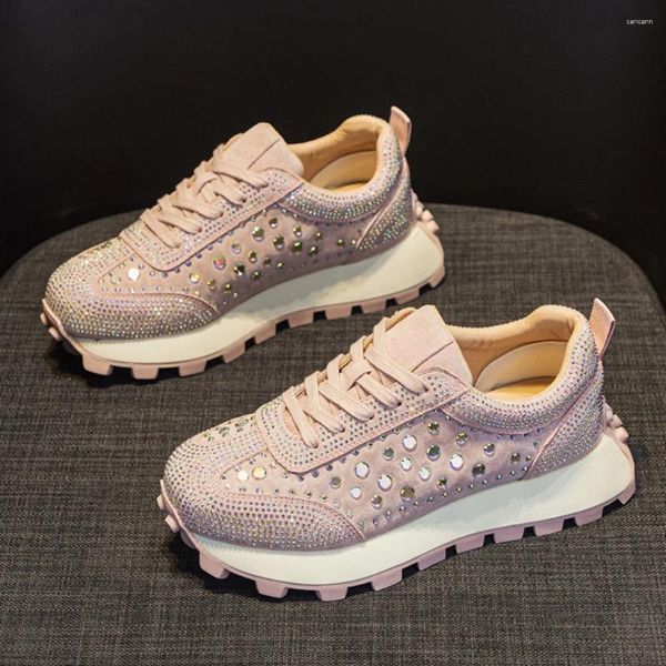 Sapatos casuais esportes para mulheres primavera pai grosso sola strass tênis de couro plataforma sneaker zapatos