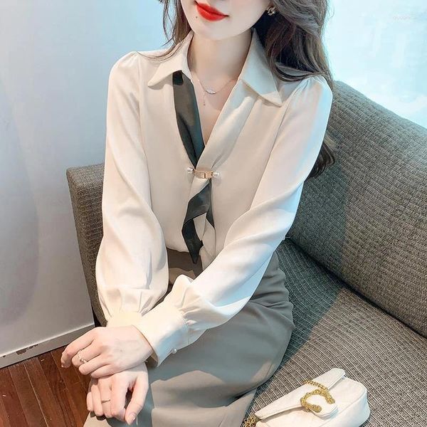 Camicette da donna 2024 Donna Scollo a V Elegante Moda Manica lunga Business Casual Office Lady Camicia Primavera Autunno Solid Chic Top