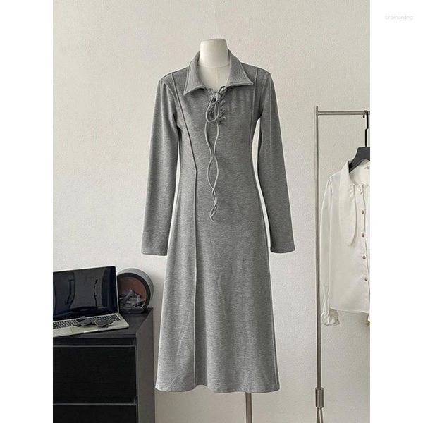 Abiti casual Stile coreano Abito da donna Linea A femminile Tinta unita Colletto rovesciato Coulisse Lacci Lunghezza media Tutto abbinato