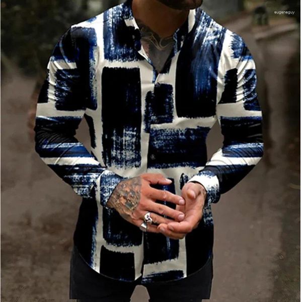 Мужские повседневные рубашки Рубашка с цветными блоками 3D-принтом Темно-синяя уличная уличная одежда с длинными рукавами на пуговицах Модный дизайн Дышащая