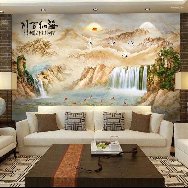 Tapeten Wellyu Papel De Parede Benutzerdefinierte Tapete Chinesische Murmeln TV Sofa Hintergrund Landschaftsmalerei Heiner Flüsse Tapety Behang