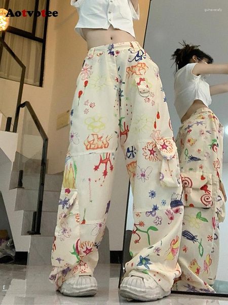 Kadınlar için kot pantolon grafiti kadınlar için denim pantolon cep sıradan vintage sokak kıyafeti moda yüksek bel gevşek pantolonlar 2024