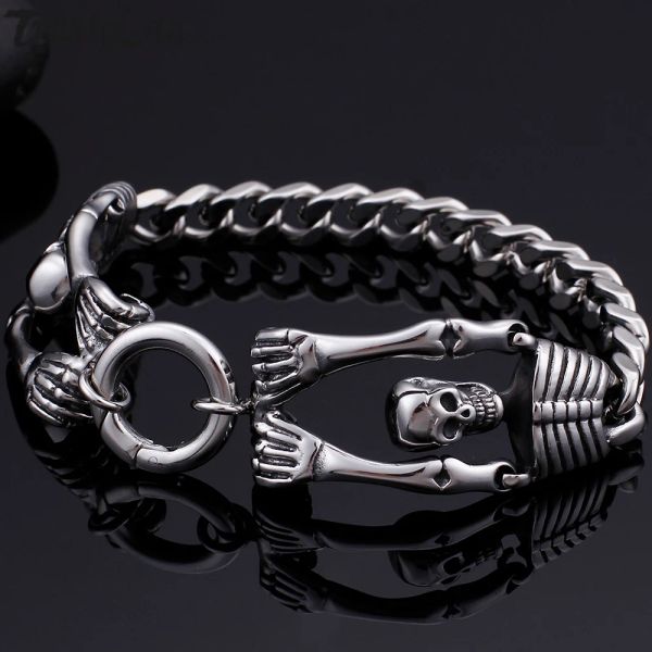 Braccialetti Bracciale con teschio gotico per uomo Gioielli da motociclista Bracciali da uomo a portata di mano Catena a catena Accessori in acciaio inossidabile Commercio all'ingrosso