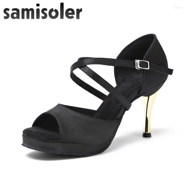 Sapatos de dança Samisoler Cetim Preto Com Salto Dourado Ballroom Moda Feminina Latina Salsa Heel7.5/8.5CM