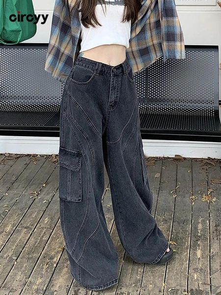 Женские джинсы Circyy черные брюки-карго женские с высокой талией 2024 осень широкие карманы свободные винтажные дизайнерские брюки полной длины