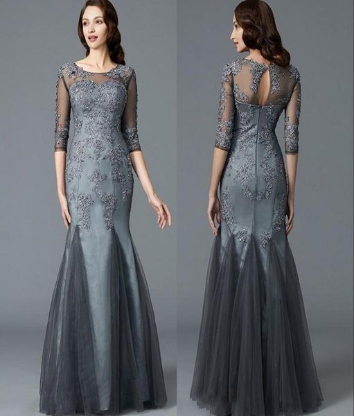 Sirena grigio scuro lunghezza pavimento pizzo manica 34 madre degli eleganti abiti da sposa gioiello appliques pizzo in rilievo sexy madre Evenin5282092