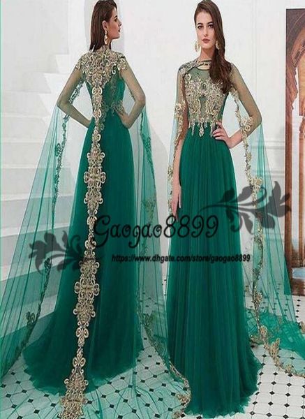 Fas Kaftan Gece Elbise Dubai Abaya Arapça Uzun Sargı Altın Dantel Aplike İllüzyon Tül Mücevher Boyun Özel Durumu Prom FO6144983