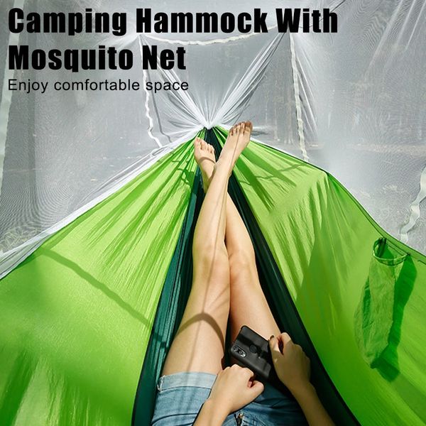 Rede de acampamento ao ar livre móveis turista dormir rede 260x140cm pendurado cama ultraleve portátil com mosquiteiro 240325