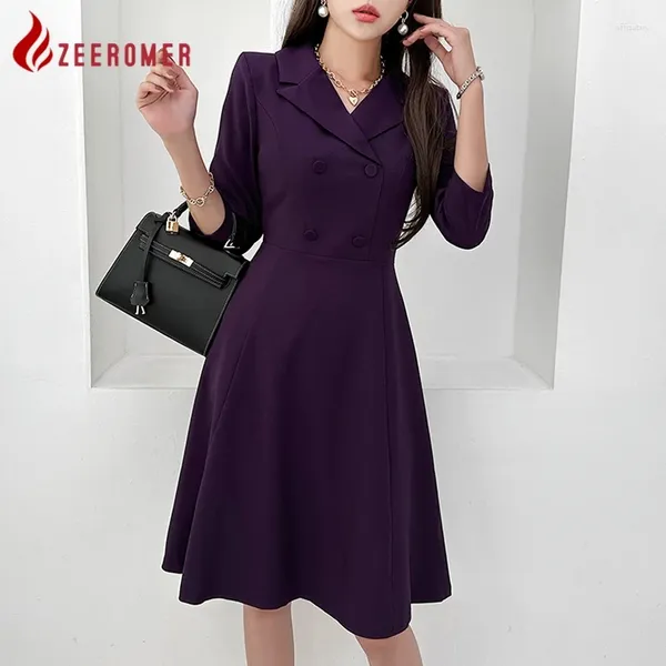 Casual Kleider Zeeromer 2024 Herbst Koreanische Mode Büro Damen Blazer Kleid Frauen Kerb Kragen Zweireiher Schlank A-linie Party Midi