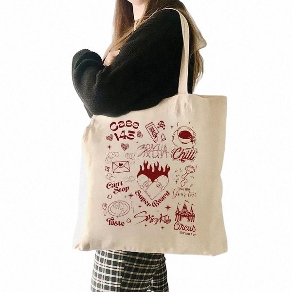 1 Pc Straykids Album Music Pattern Tote Bag Melhor presente para Skzoo Fan Bolsa de ombro de lona para viagens Bolsa de loja reutilizável feminina N3tv #