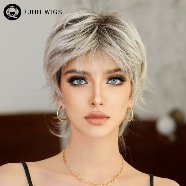 Parrucche 7JHH WIGS Parrucca corta diritta bionda Ombre per le donne Uso cosplay quotidiano Parrucche sintetiche naturali naturali Bob nere con frangia Alta qualità