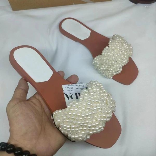 Pantofole Sandali con perle da donna estivi Fondo piatto Punta aperta Scarpe da vacanza da spiaggia Fatte a mano all'aperto di alta qualità