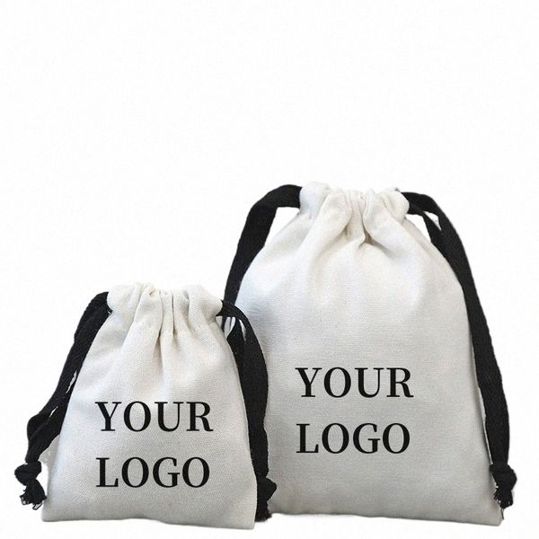 10 pz / lotto logo personalizzato borsa di tela bianca cott con coulisse nera regalo sacchetto di imballaggio di caramelle di nozze sacchetto antipolvere J2S2 #