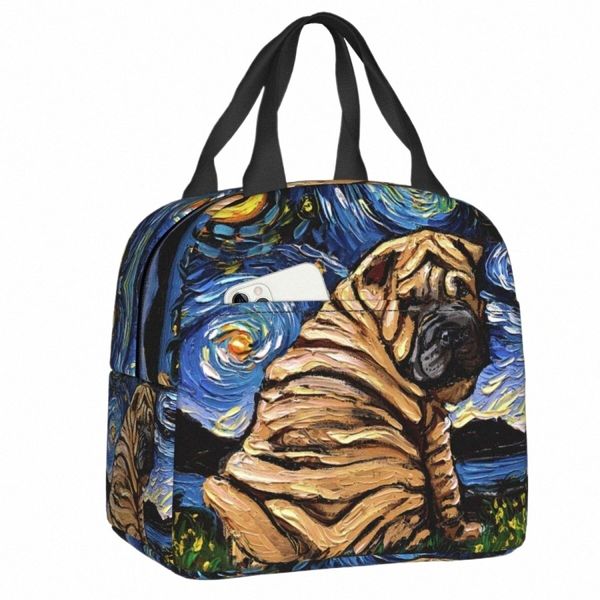 Noite estrelada Sharpei Lunch Bag para a escola Shar Pei Dog Leakproof Picnic Thermal Cooler Isolado Lunch Box Mulheres Crianças Tote Bags p4VW #