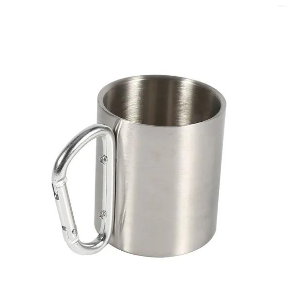 Canecas Bebidas frias com alça Caneca portátil de aço inoxidável Bebidas Copo de água Gancho Design para camping esportes ao ar livre caminhadas