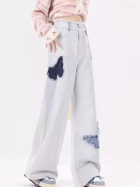 Damen Jeans Ly Washed Light Blue Tattered Border Casual Y2K Style Design High Waist Loose Leg Wide Pants