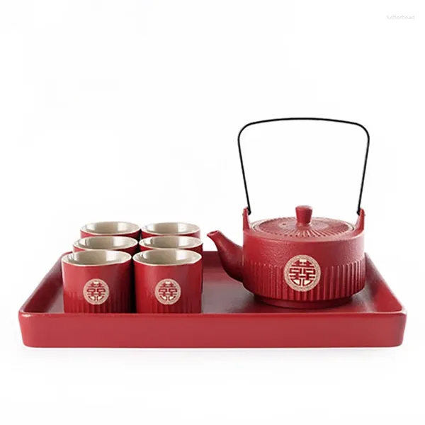 Conjuntos de chá Cerâmica Chinês Tradicional Vermelho Casamento Dupla Felicidade Bule de Chá e Copo Conjunto Teacup Porcelana Bule Presentes de Lembrança de Luxo