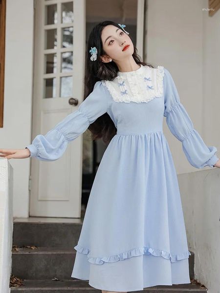 Повседневные платья, милое голубое платье принцессы в стиле Лолиты, женское винтажное платье в викторианском стиле с милым бантом и рукавами-фонариками, свободное женское платье миди