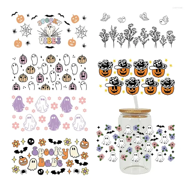 Fensteraufkleber 3D UV DTF Transfers 16oz Cup Wraps Ghost Halloween Gedruckt für DIY Glas Keramik Metall Leder usw. D4589