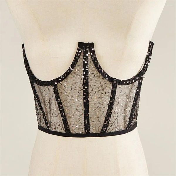 Cintos Sexy Mulheres Corset Wire Bandage Brilhante Lantejoulas Slim Hollow Out Bustier para Festa