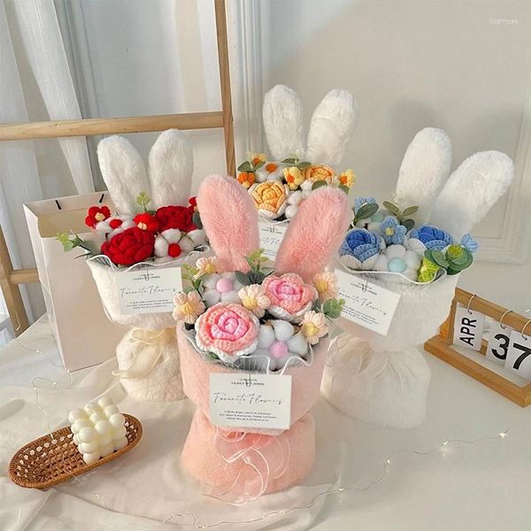 Fiori decorativi Orecchio Fascio di fiori lavorati a maglia Bouquet di peluche Corda di cotone Rose artificiali San Valentino Regali di compleanno per la festa della mamma