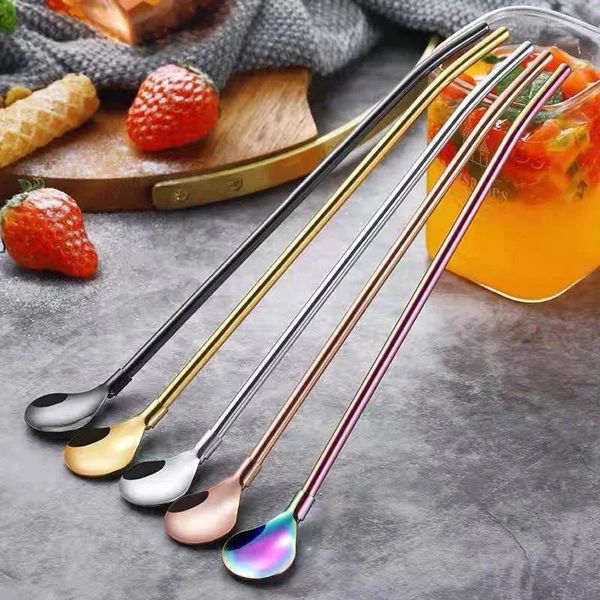 Cannucce Cucchiaio lungo in metallo in acciaio inossidabile a 4 colori con spazzola per la pulizia Accessori per bevande per feste da cucina per tè e caffè
