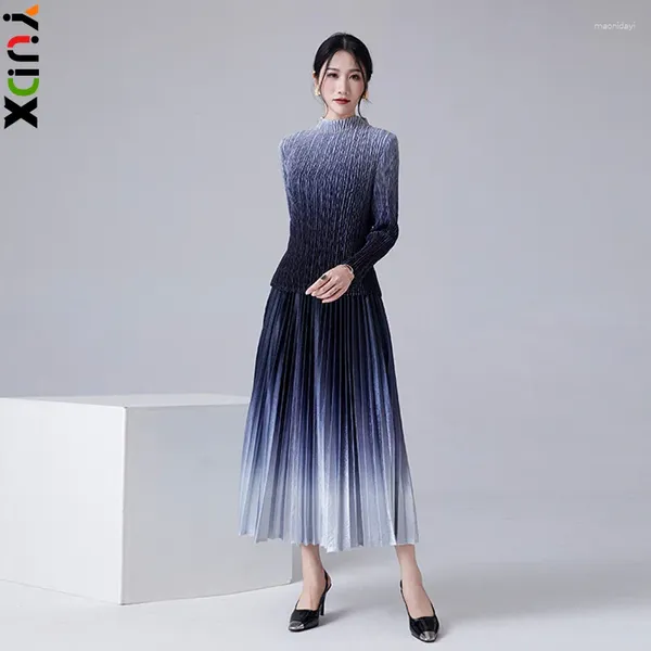 Vestidos de trabalho yudx miyake 2024 primavera conjunto plissado gradiente manga comprida topos cintura alta a linha saia dobrável conjuntos de duas peças femininas
