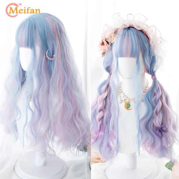 Perucas sintéticas longas ombre azul rosa verde lolita peruca harajuku fada cosplay peruca franja onda doce penteado natal cabelo natural