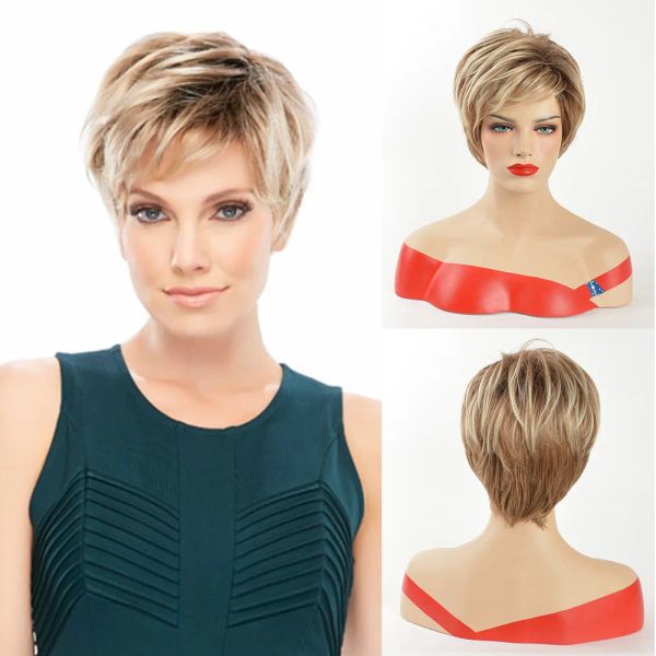 Perücken oucey kurze geradlinige synthetische Perücken für Frauen Pixie geschnitten Ombre Leichte blonde Perücke weibliche Naturtätigkeit mit Bangs -Cosplay täglich