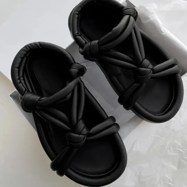 Terlik düğümlü kayış düz form sandaletler yığın platformu açık ayak parmağı ayakkabı slingback slip-on zapatillas mujer yaz bayanlar