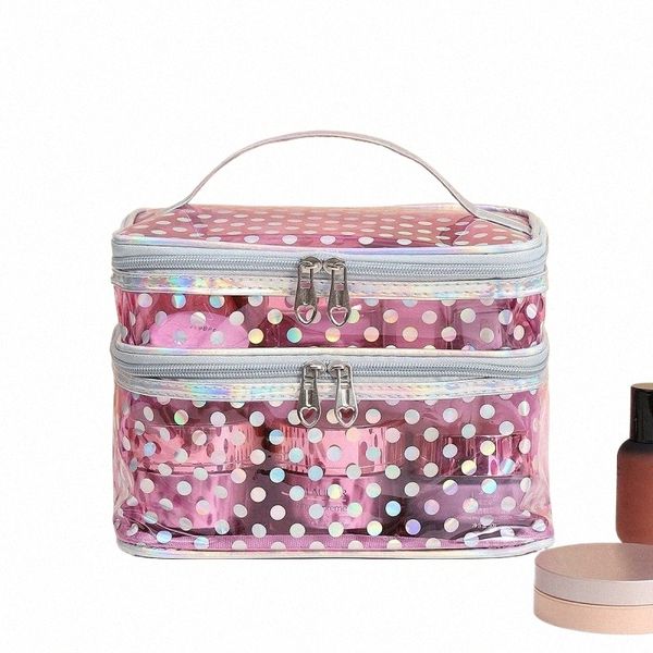 Polka Dot transparente PVC-Doppelschicht-Make-up-Tasche Multifunktionale tragbare wasserdichte Make-up-Hülle mit großer Kapazität Reiseaufbewahrung e8bq #