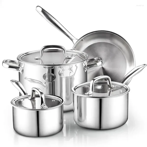 Conjuntos de panelas Cook N Home Panelas e Panelas de Aço Inoxidável Conjunto de Cozinha 7 Peças Tri-Ply Clad Cozinha Máquina de Lavar Louça Tampa de Vidro Segura