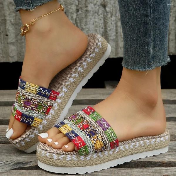 Scarpe eleganti Tessuto Pantofole da donna Piattaforma Estate Per le donne Spiaggia Sandali con tacco casual Espadrillas da donna fatti a mano della Boemia 202