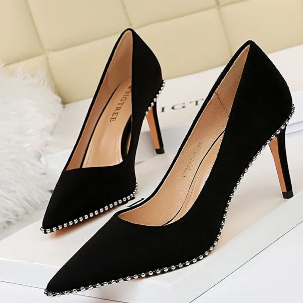 Ботинки Bigtree обувь черные каблуки металлические бусины Женщины насосы замшевы