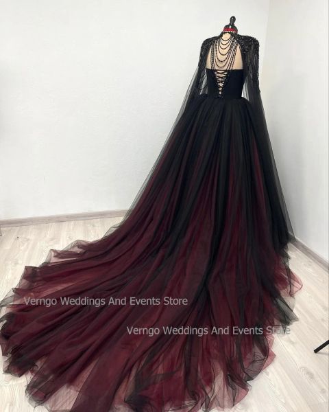 Verngo Fantasy Gothic Black Wedding Dress Divetheart Beadings Платье невесты с мысом тюль