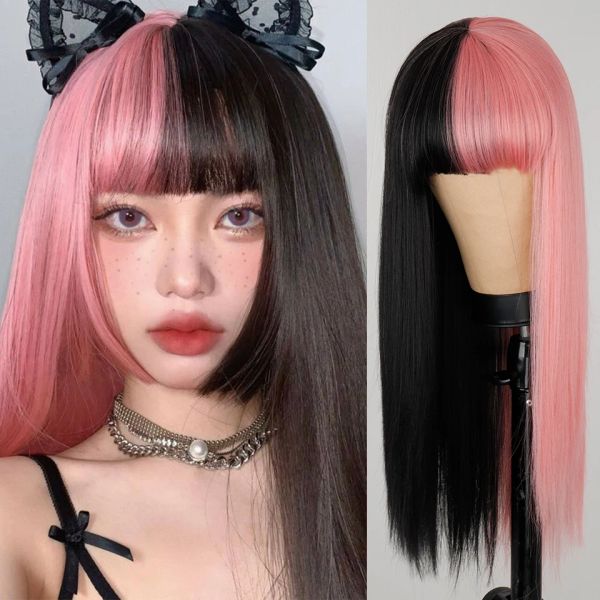 Perucas sintéticas peruca rosa e preta peruca longa reta cabelo cosplay peruca de halloween dois tons ombre cor perucas de cabelo feminino rosa verde