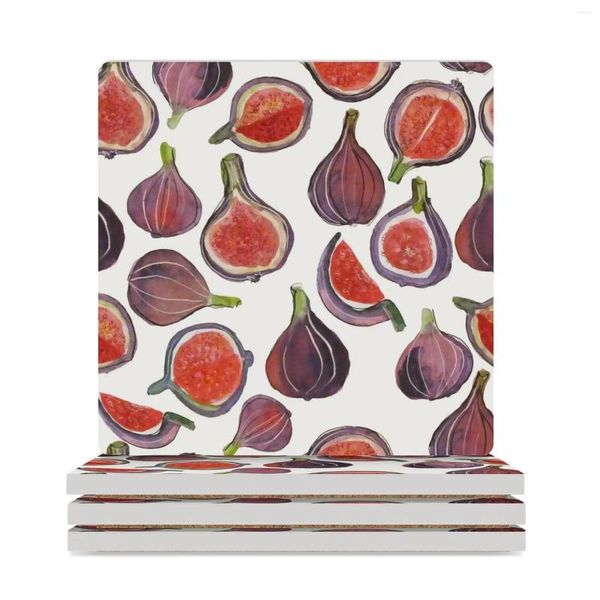 Tapetes de mesa verão aquarela fig padrão porta-copos de cerâmica (quadrado) original para cerâmica conjunto bonito engraçado