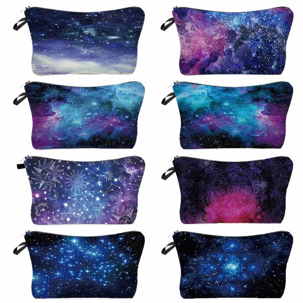 Passen Sie sich hübsche farbenfrohe Starry Sky Print Make -up -Tasche an, Schöne Landschaftsmuster Frauenkosmetische Taschen Hochwertige Münzgrundstücke T1XB#