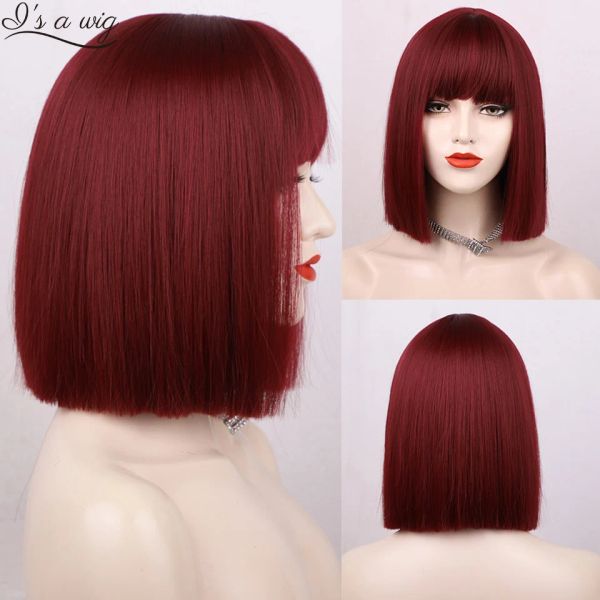 Perücken I's a wig Synthetische Bob-Perücken, kurze, gerade, rote Perücken mit Pony für Frauen, Schwarz, Rosa, Lila, Braun, Cosplay-Haare für Partys und den Alltag